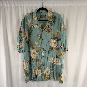 Two Palms Hawaiian Shirt Men's 2XL Green Floral Short Sleeve Button Up